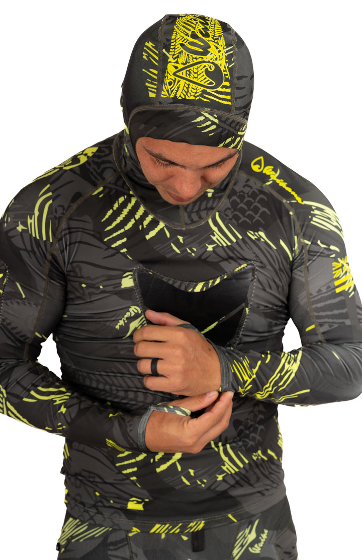 Lime Fishbone Hooded Spearfishing Rashguard